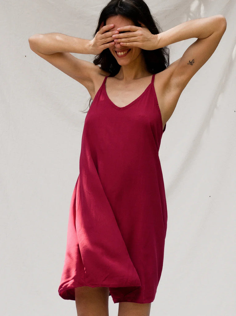 Coladas Dress — Red mini slip dress on model — MYFASHIONFRUIT