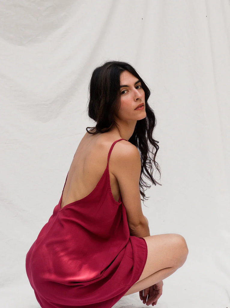 Coladas Dress — Maroon slip dress, backless, on model — MYFASHIONFRUIT