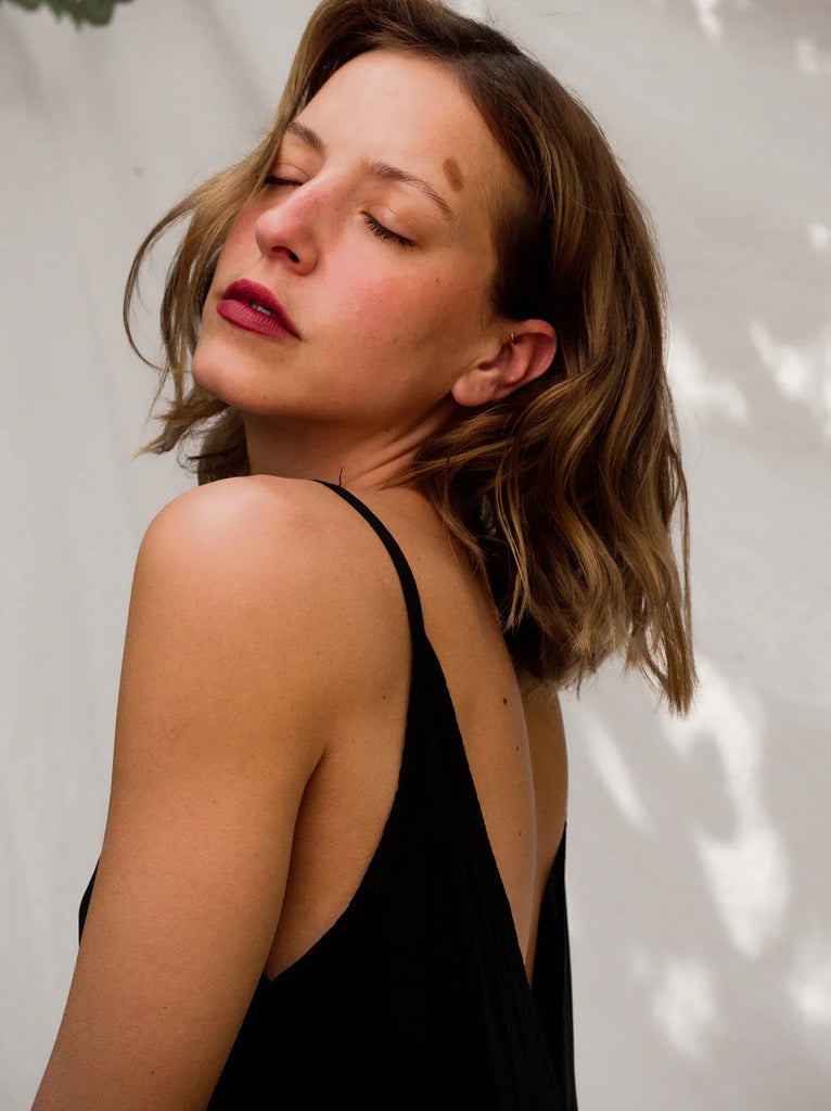 Coladas Dress — Black slip dress on model — MYFASHIONFRUIT