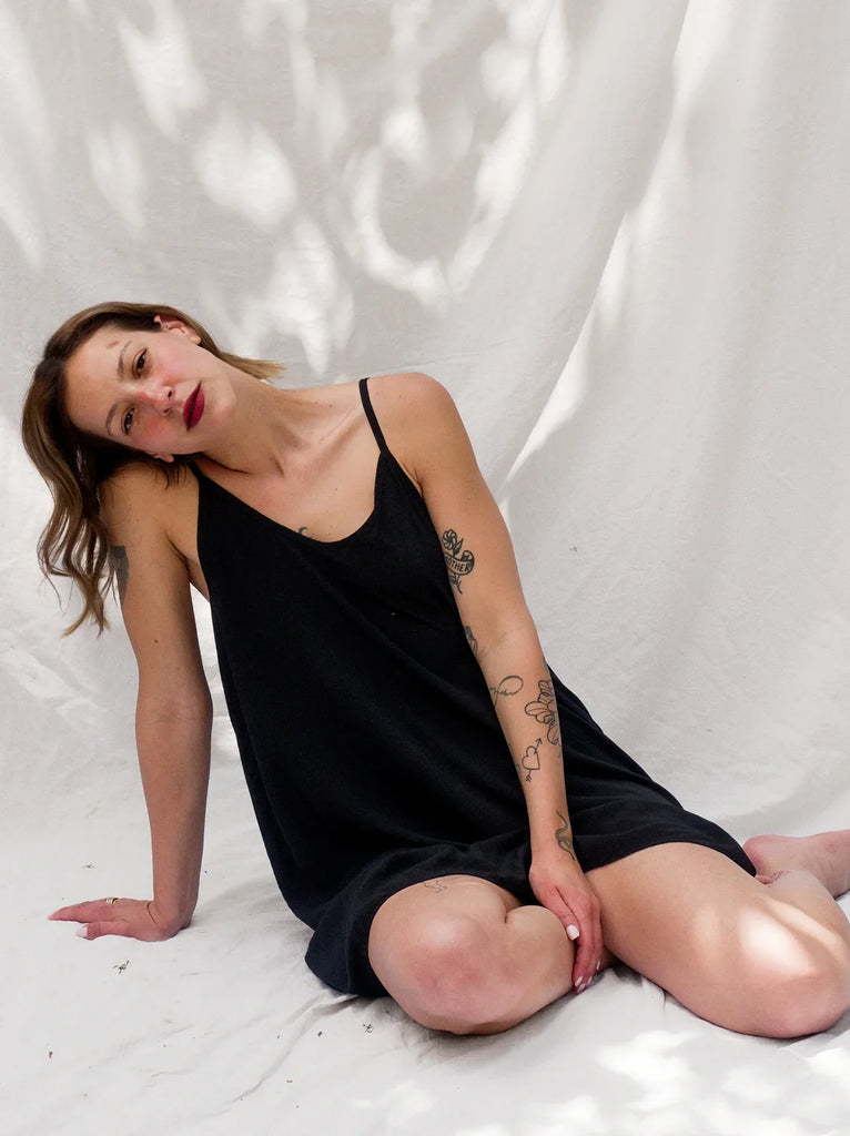 Coladas Dress — Black slip dress on model — MYFASHIONFRUIT