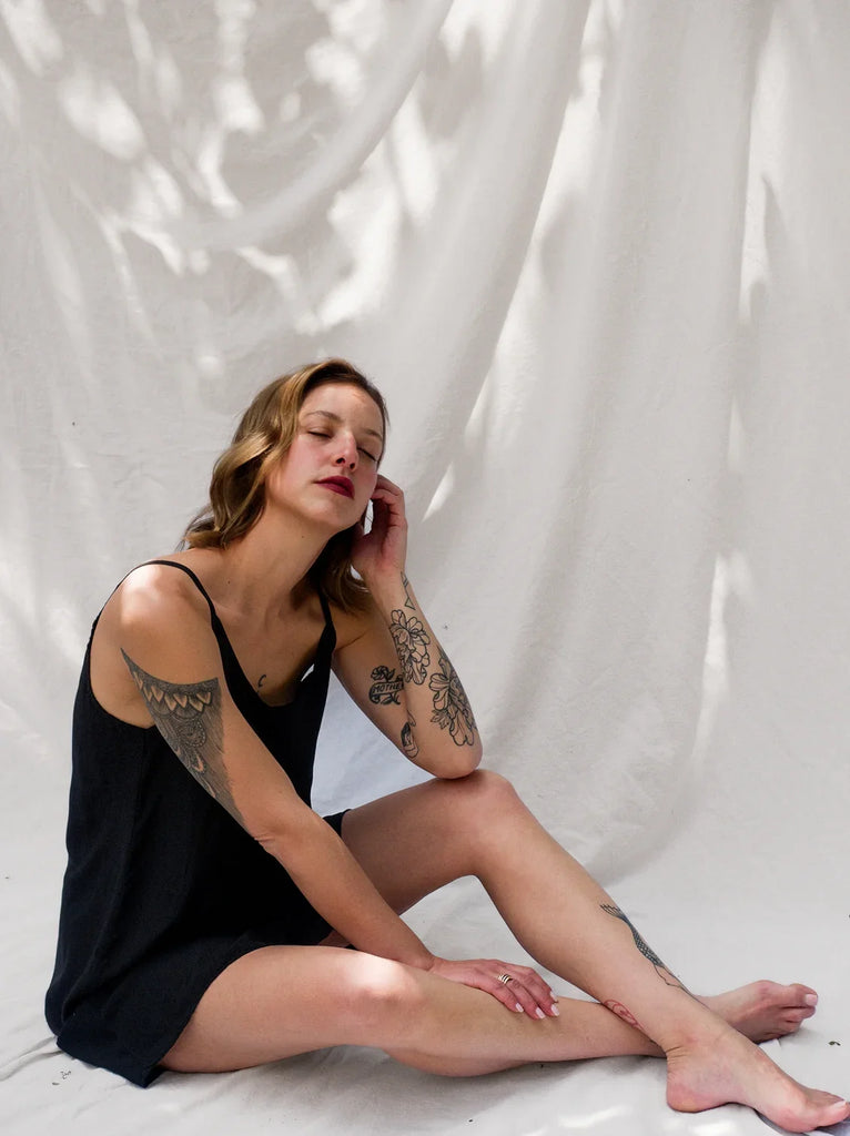 Coladas Dress — Black slip dress on model — MYFASHIONFRUIT