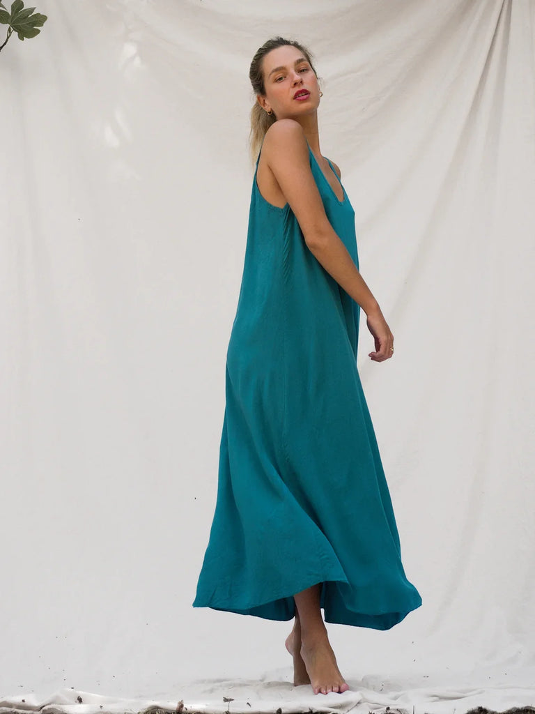 Granadas Dress — Teal slip dress on model — MYFASHIONFRUIT