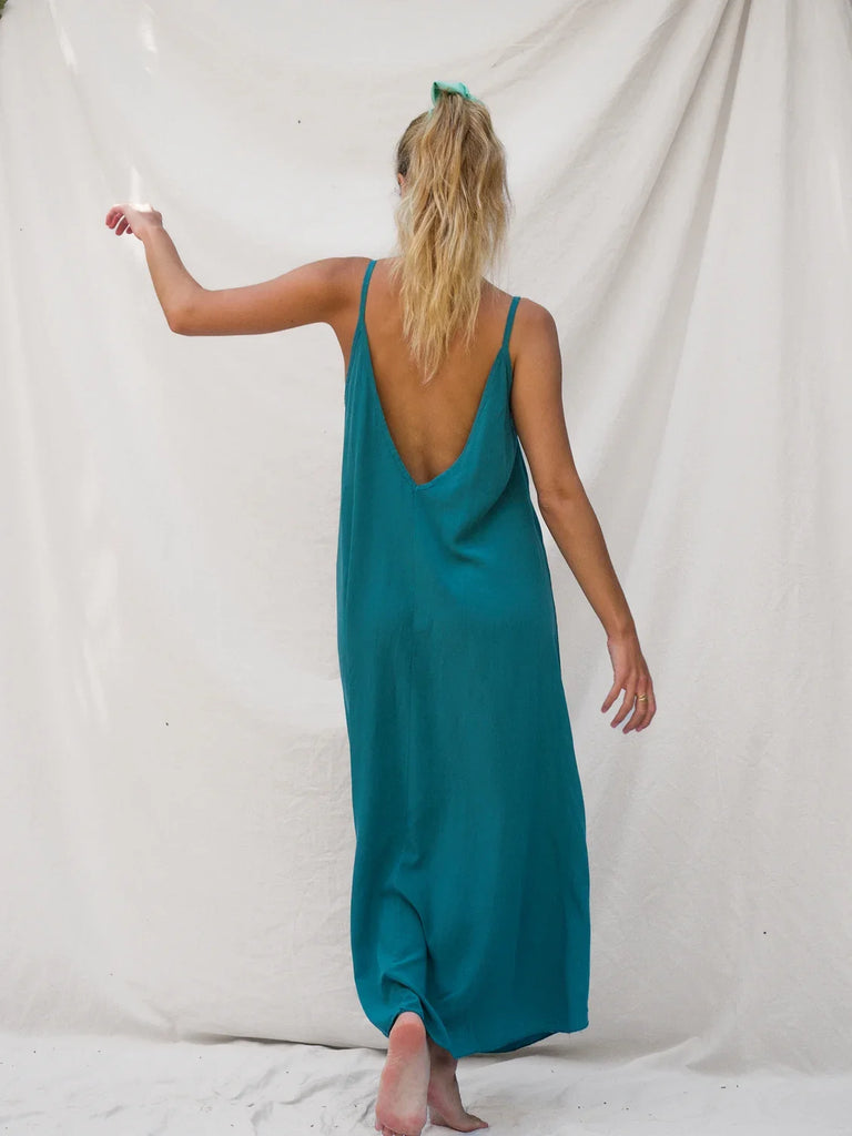 Granadas Dress — Teal maxi dress with low back, on model — MYFASHIONFRUIT