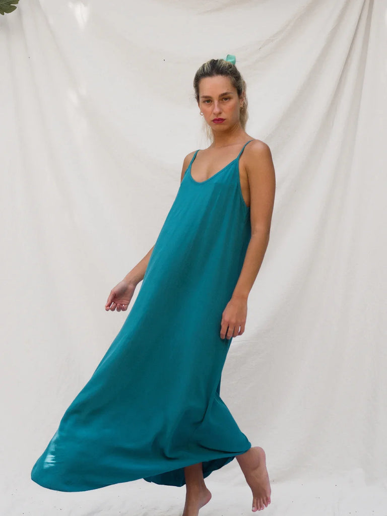 Granadas Dress — Teal slip dress on model — MYFASHIONFRUIT