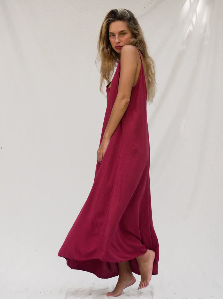 Granadas Dress — Sleeveless maxi dress in burgundy on model — MYFASHIONFRUIT