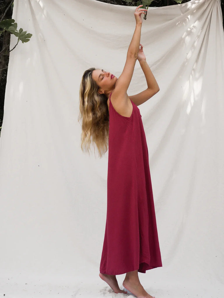 Granadas Dress — Maxi dress in red-pink on model — MYFASHIONFRUIT
