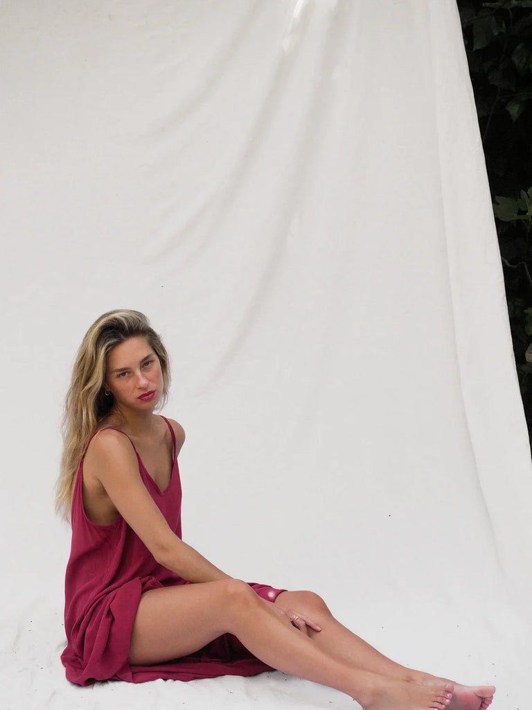 Granadas Dress — Burgundy slip dress on model — MYFASHIONFRUIT