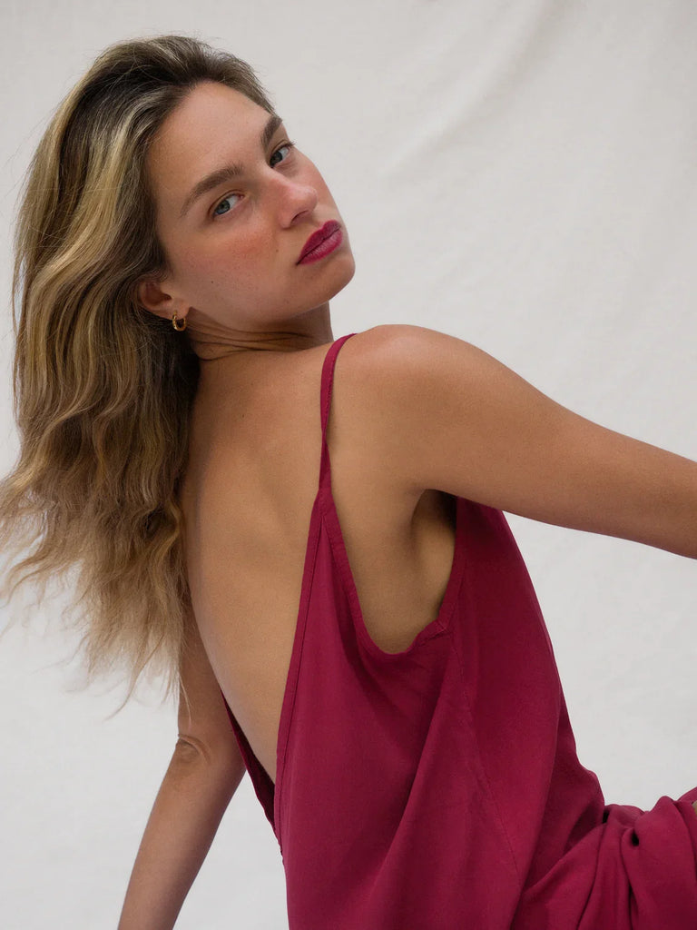 Granadas Dress — Burgundy slip dress on model — MYFASHIONFRUIT