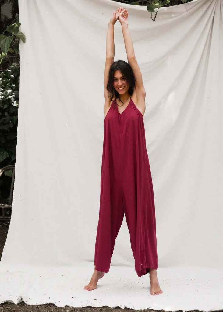 Catalina Cerise Jumpsuit — Burgundy jumpsuit on model — MYFASHIONFRUIT