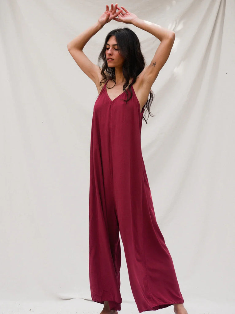 Catalina Cerise Jumpsuit — Burgundy jumpsuit on model — MYFASHIONFRUIT