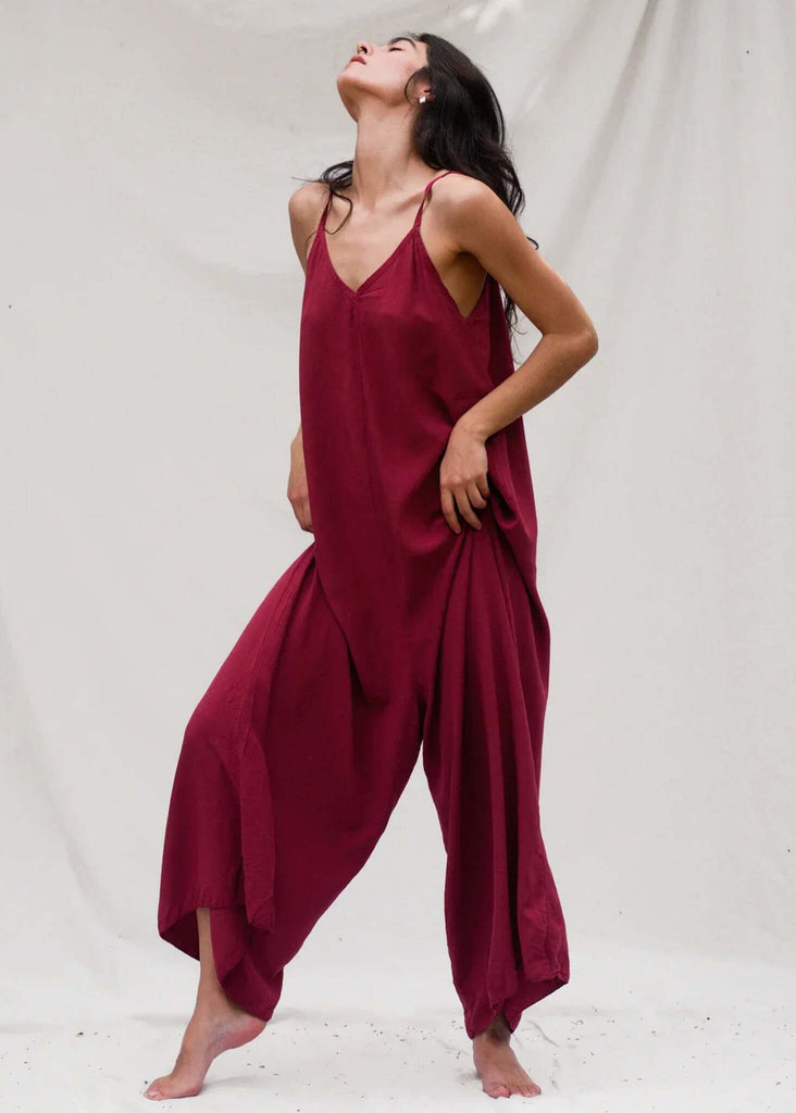 Catalina Cerise Jumpsuit — Burgundy jumpsuit on model with V-neckline — MYFASHIONFRUIT