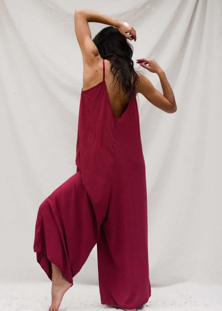Catalina Cerise Jumpsuit — burgundy jumpsuit on model — MYFASHIONFRUIT