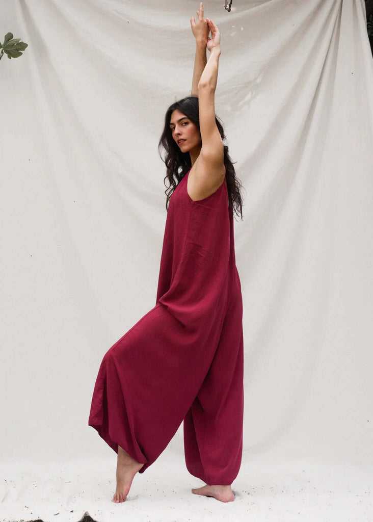 Catalina Cerise Jumpsuit — burgundy jumpsuit on model — MYFASHIONFRUIT