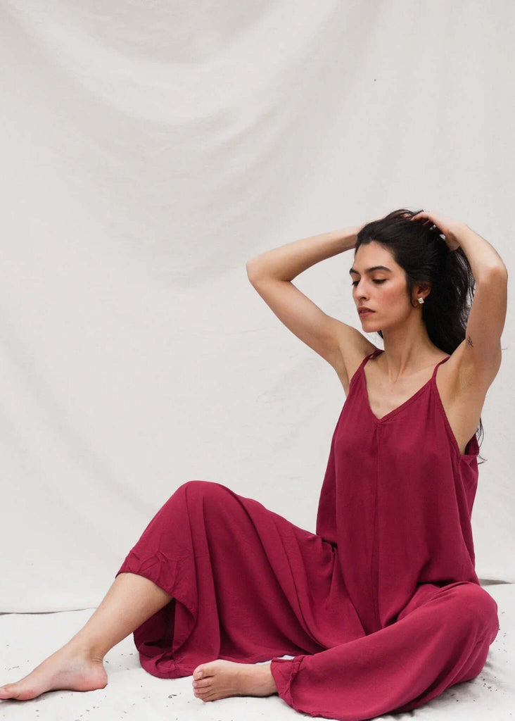 Catalina Cerise Jumpsuit — Burgundy jumpsuit on model — MYFASHIONFRUIT
