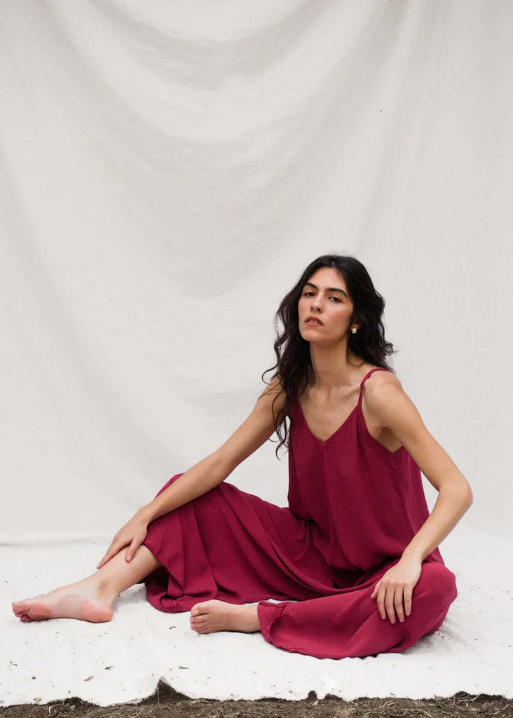 Catalina Cerise Jumpsuit — burgundy jumpsuit with spaghetti straps on model — MYFASHIONFRUIT