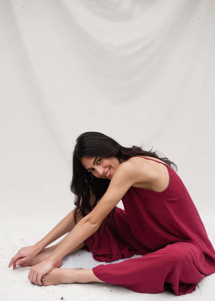Catalina Cerise Jumpsuit — Burgundy jumpsuit on model — MYFASHIONFRUIT