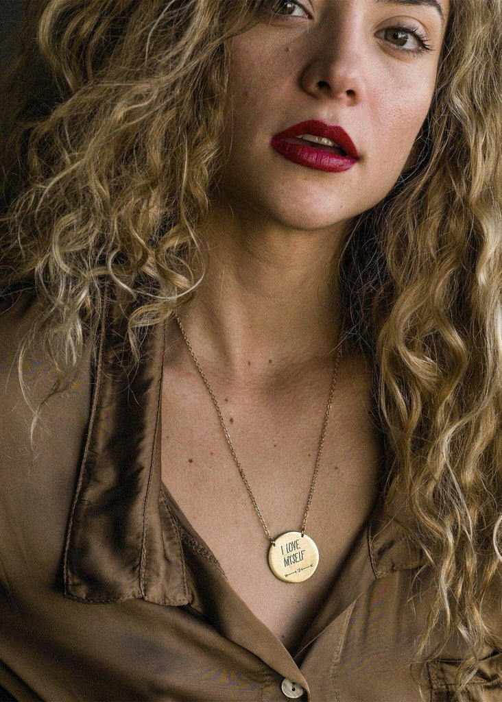 Woman wearing the I Love Myself Necklace — gold with engraved pendant — MYFASHIONFRUIT