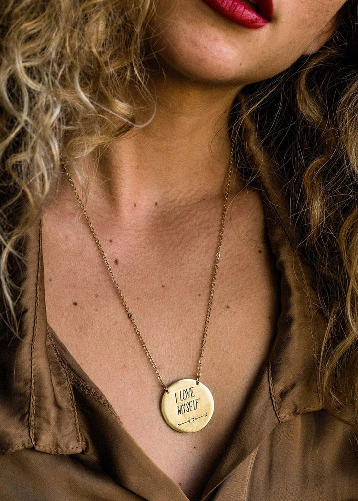 I Love Myself Necklace — gold tone pendant on chain with engraved text — MYFASHIONFRUIT